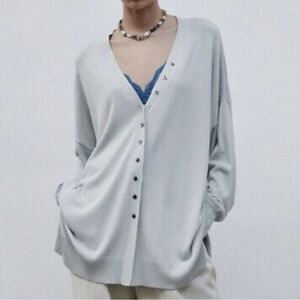 Zara Button Knit Cardigan Steel Blue oversized Small side slits buttons